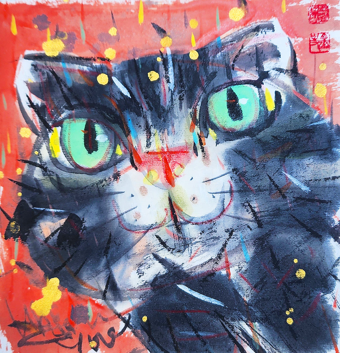 Happy Cat 15×15cm 水墨色彩&amp;和紙