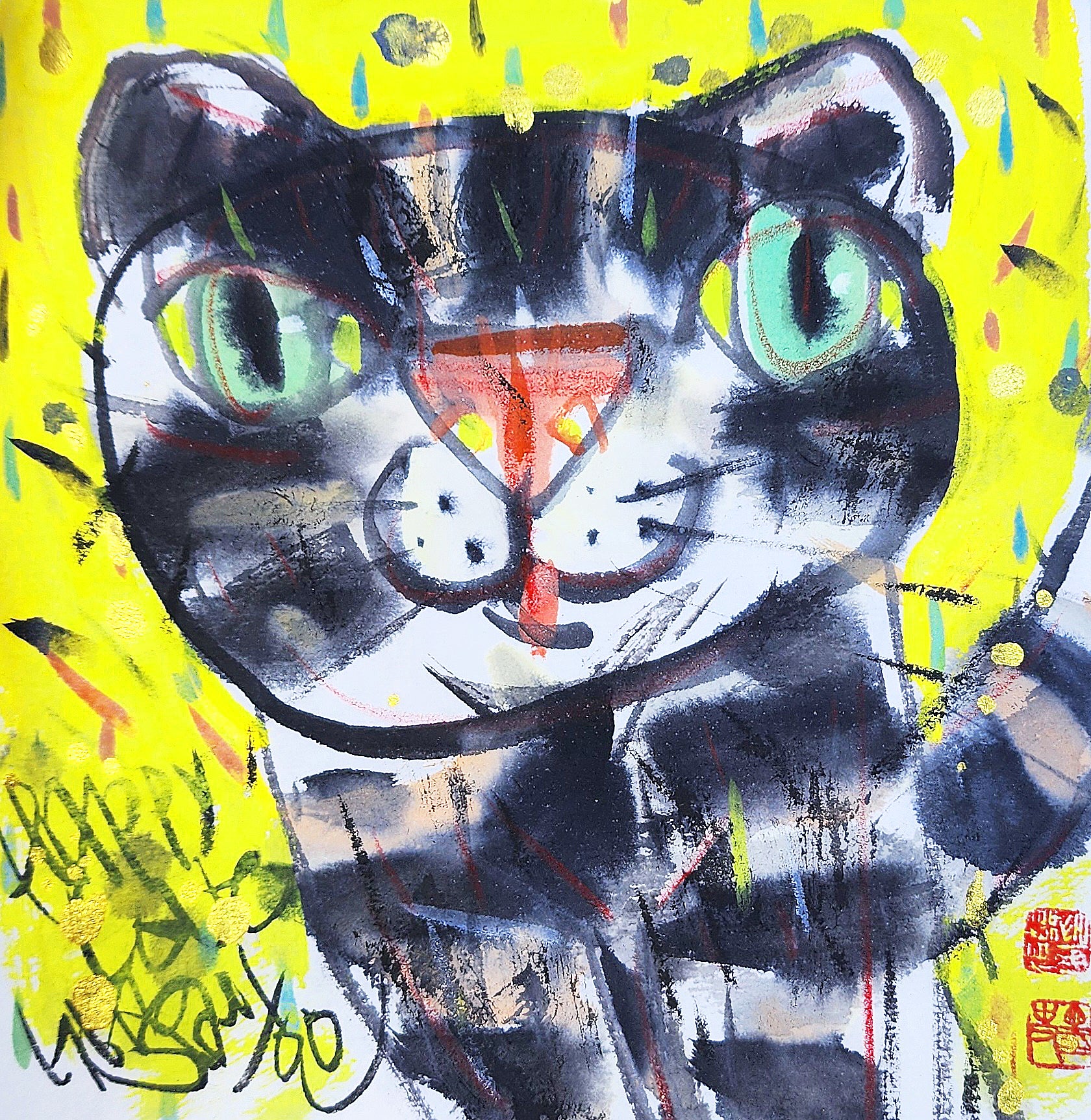 Happy Cat 15×15cm 水墨色彩&amp;和紙