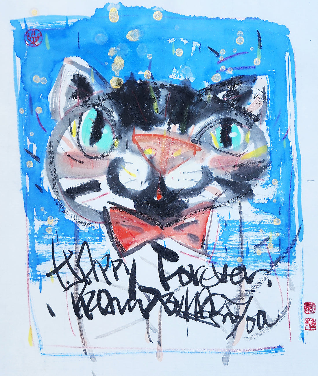 Happy Cat 35×38cm 水墨色彩&amp;和紙