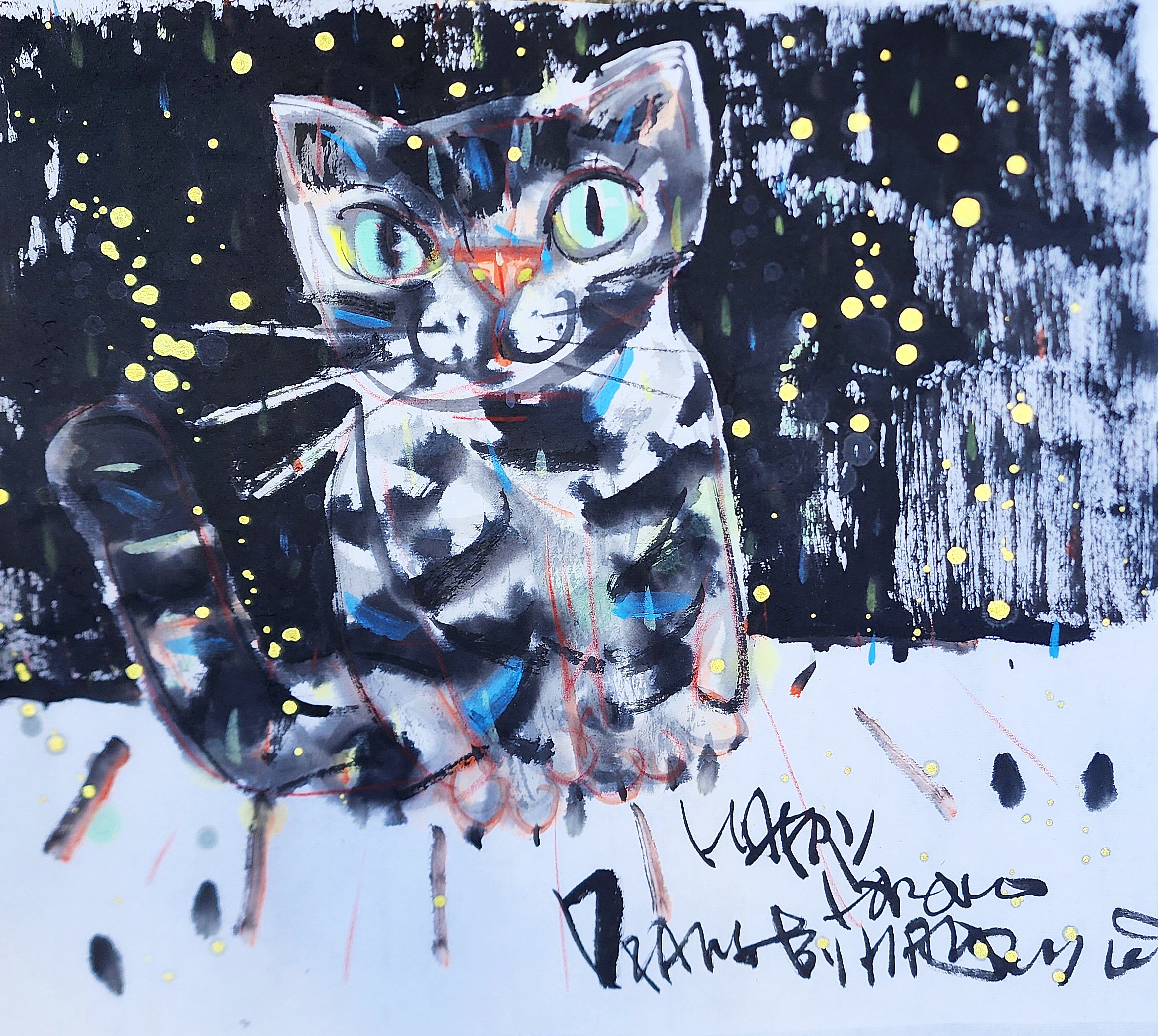 Happy Cat 44.5X47cm 水墨色彩&amp;和紙