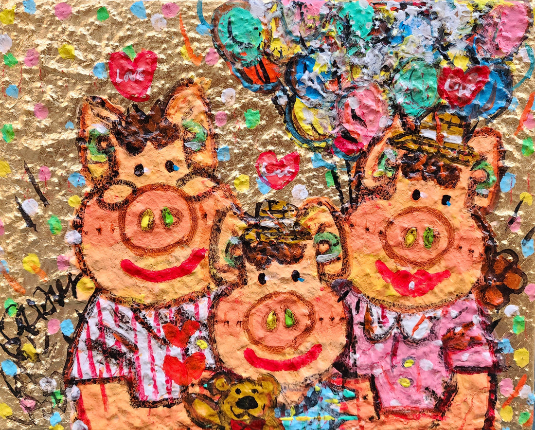 Happy PIG Family 28×23cm Acrylic on Canvas &amp;gold