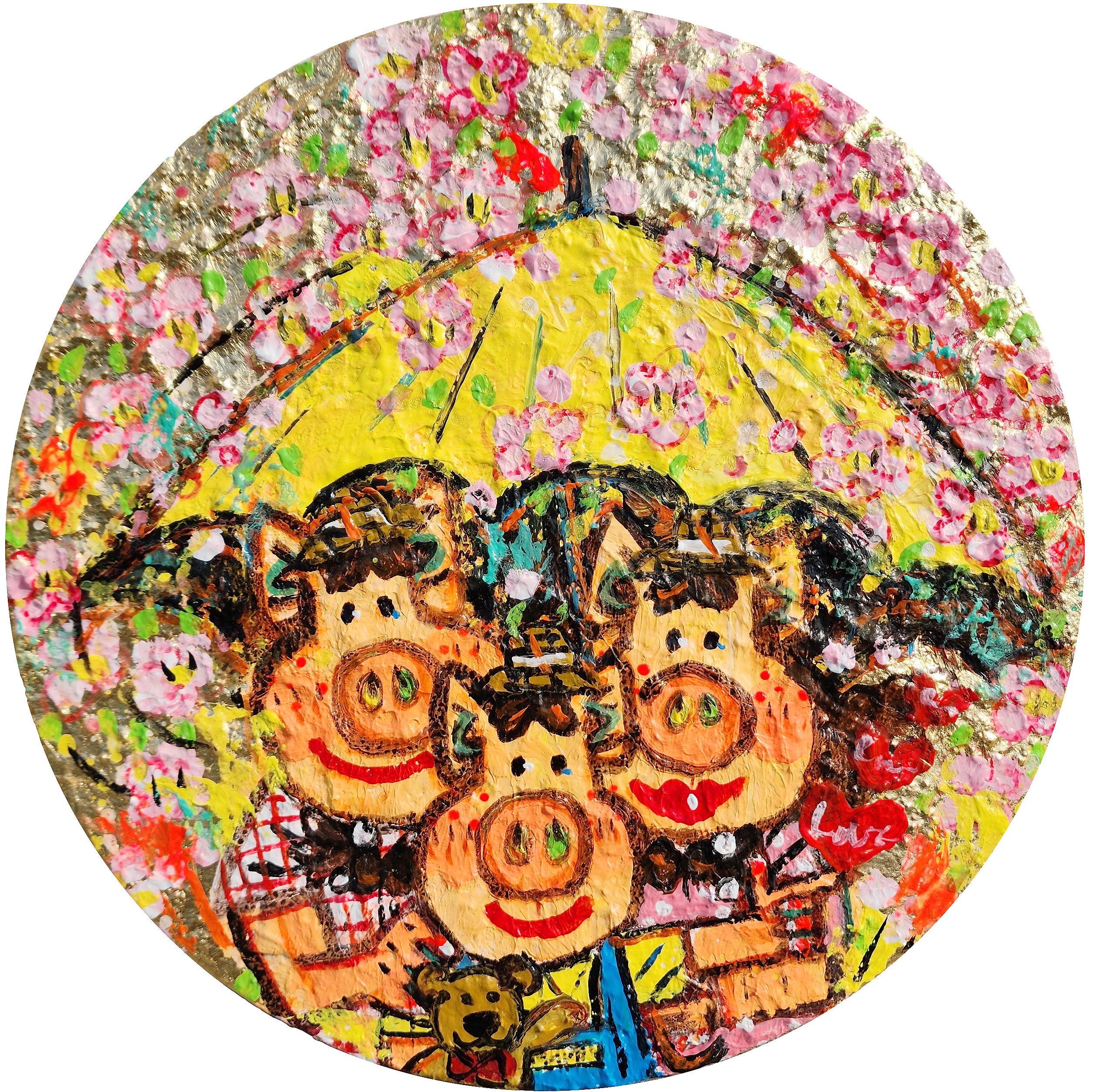 Happy Pig Family32×32厘米丙烯酸在画布和黄金上