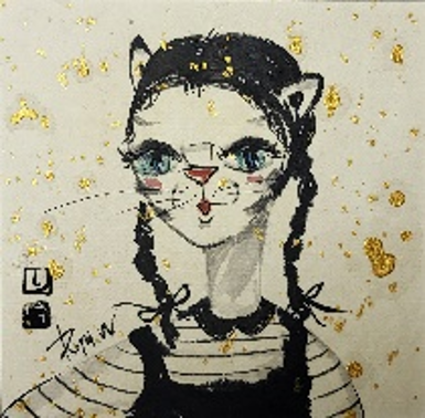 Tomboy Cat (no 6) 12×13cm 水墨色彩&amp;和紙